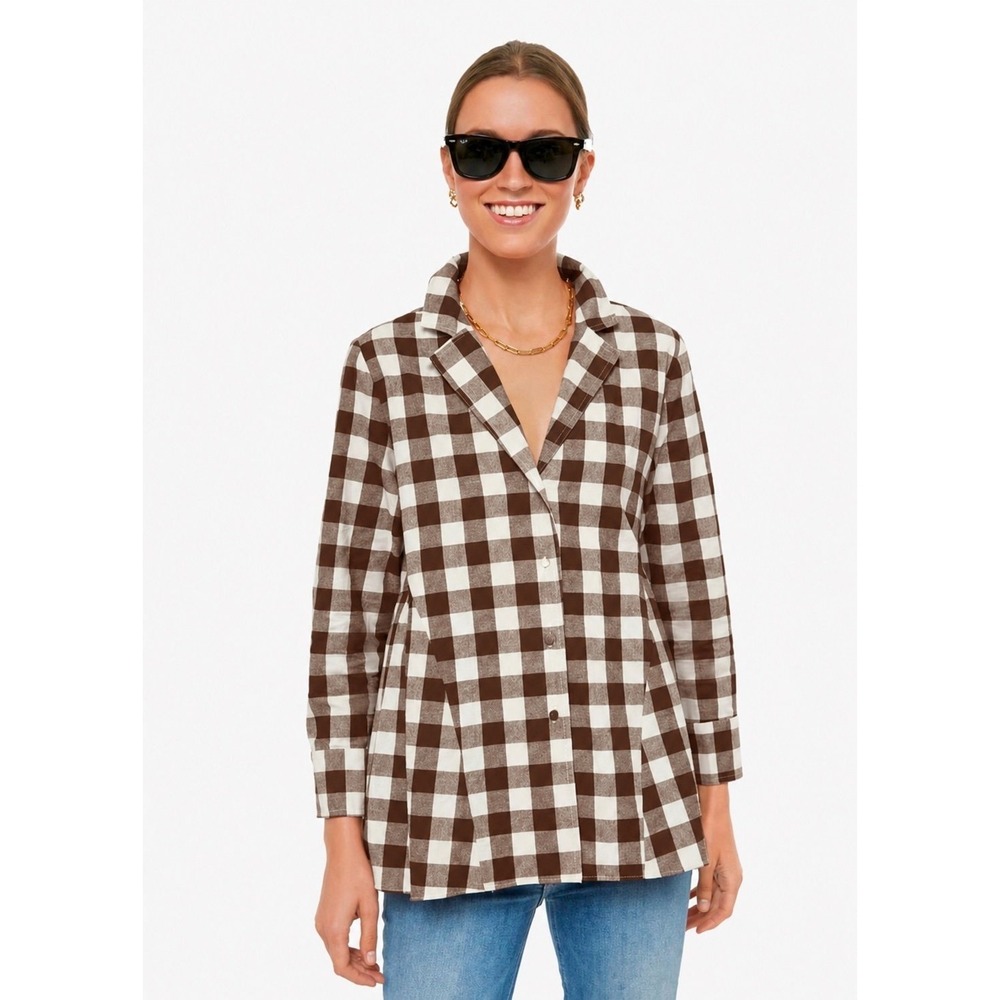 Pomander Place Tuckernuck Brown Gingham Peplum Button Down Shirt S 100% Cotton - Picture 1 of 11